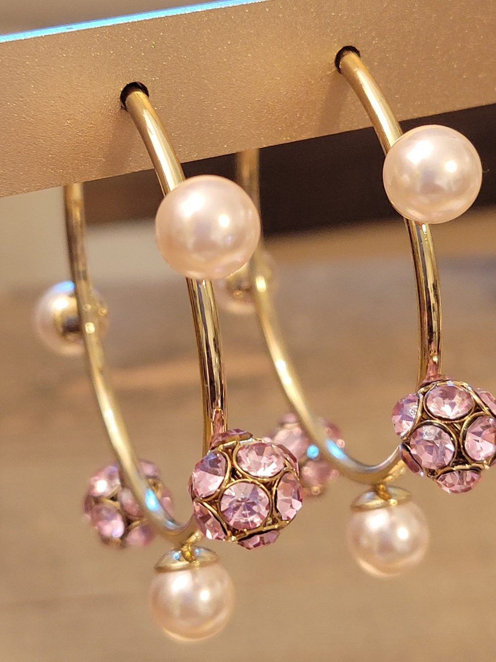 Pearl & Pink Rhinestone Hoops • Better Costume Jewelry • Goldtone • Pierced